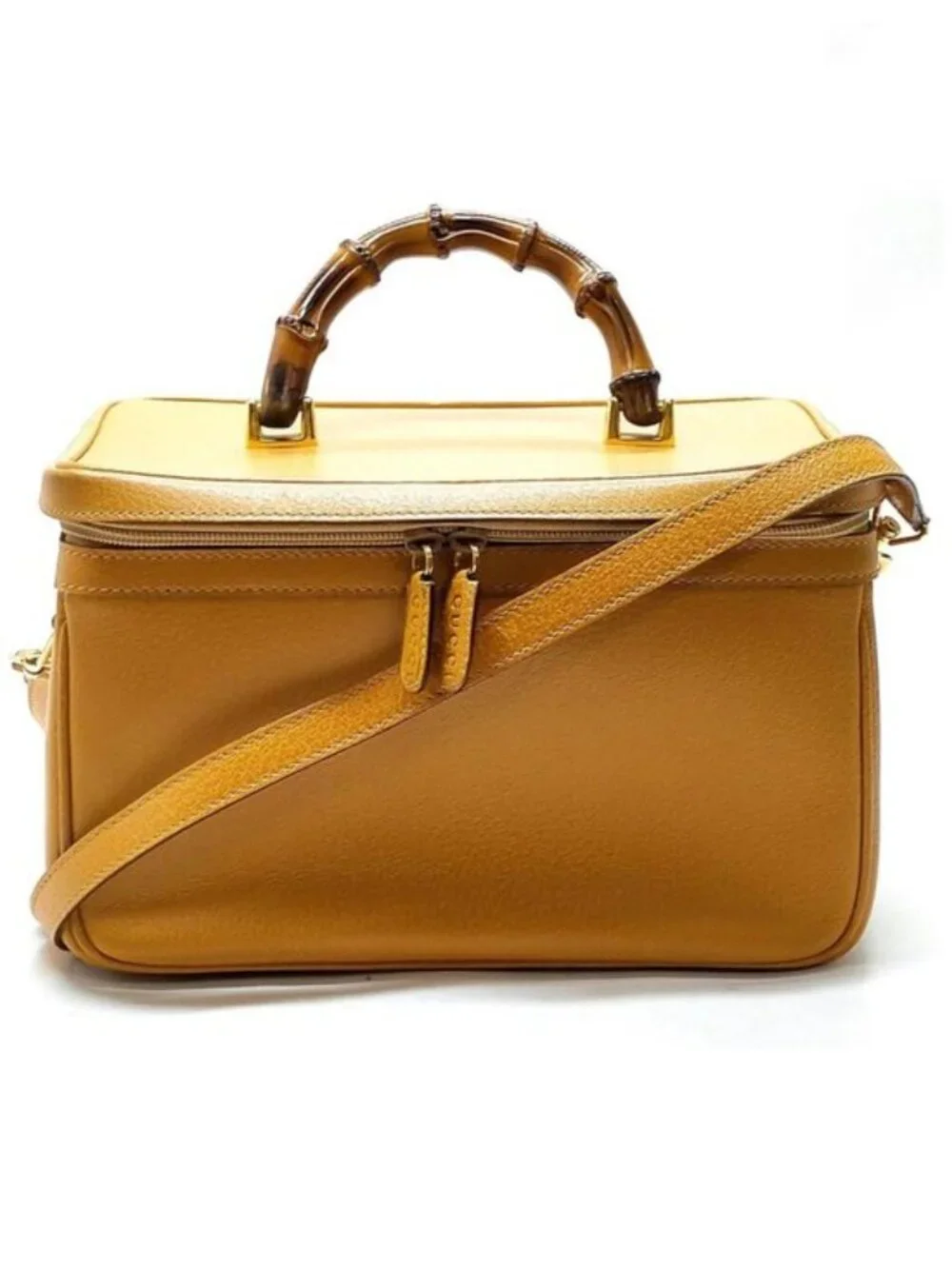 Authentic Vintage Gucci Bamboo Handle Gold Leather Vanity Case Shoulder Bag